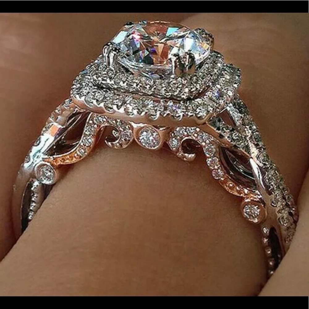 Sterling silver rose gold round cut solitaire halo wedding ring white Sapphires - Picture 11 of 11